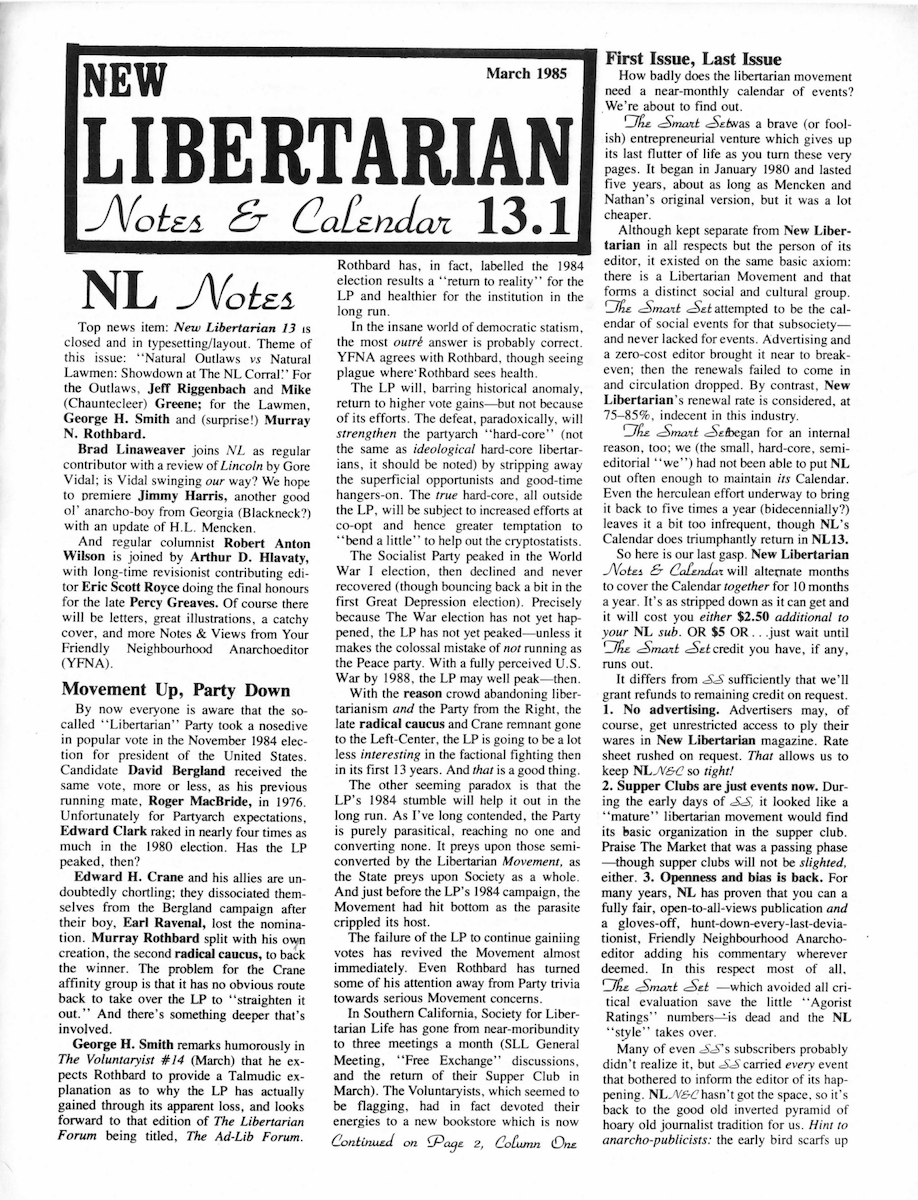 Cover of New Libertarian Notes and Calendar Volume 4 Number 13.1 (NL165)