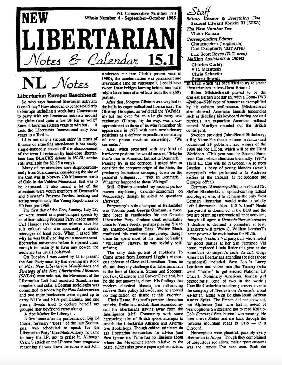 Cover of New Libertarian Notes and Calendar Volume 4 Number 15.1 (NL171)